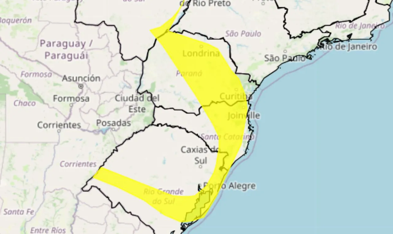 A imagem mostra às áreas em alerta para chuva intensa e ventos